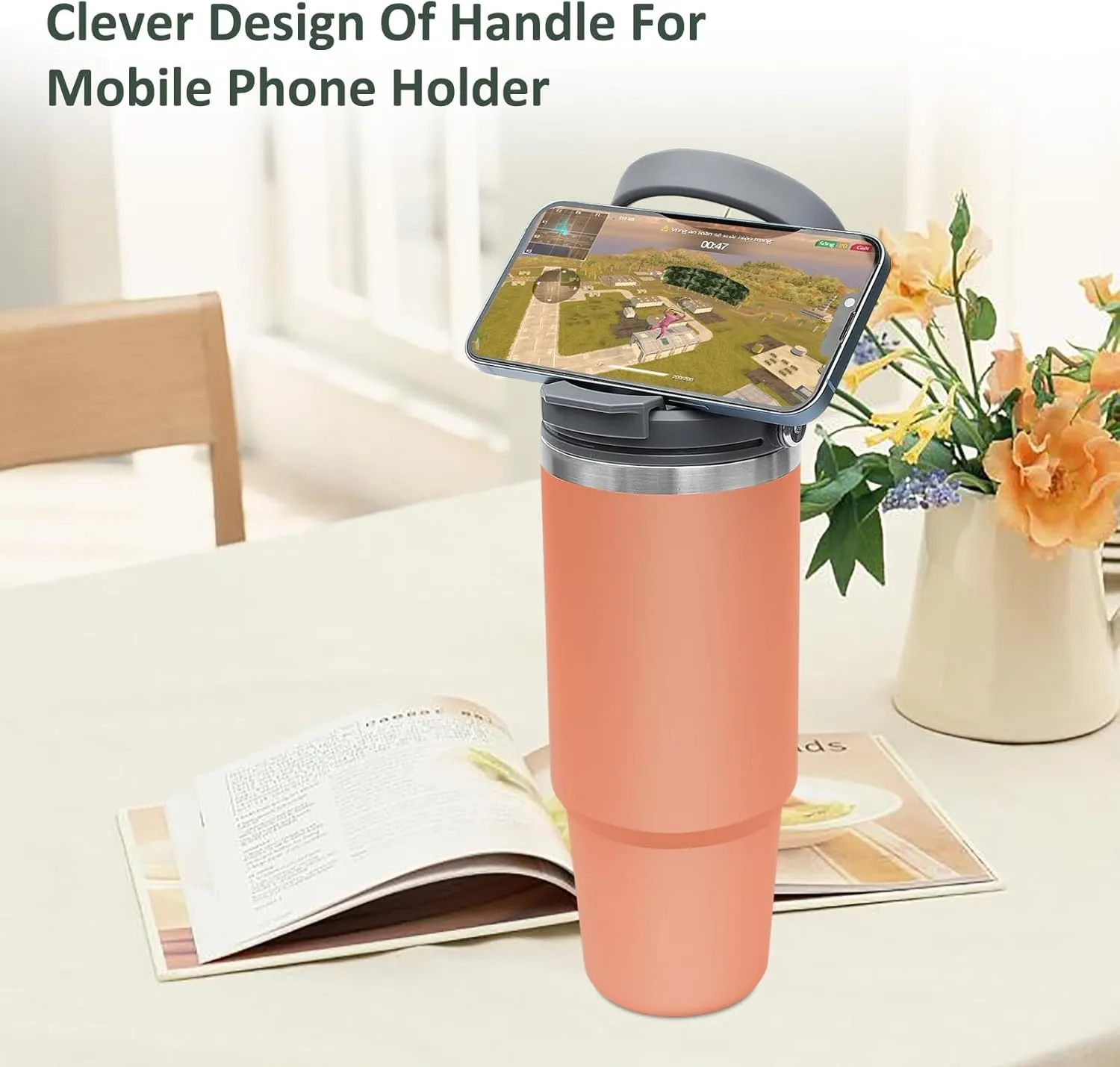 40 oz Tumbler with Handle and Straw, Insulated Tumbler, Water Bottle, Travel Coffee Mug, Leak Proof Tumbler, Stainless Steel Cup with Handle, Cold for 24h, Hot for 12h