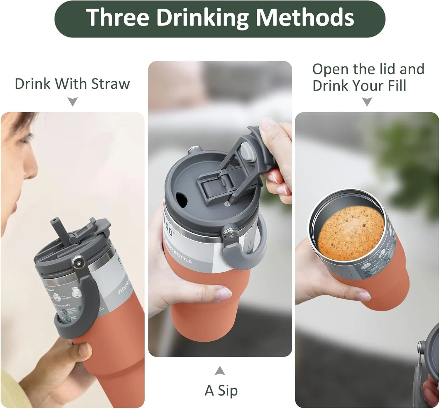 40 oz Tumbler with Handle and Straw, Insulated Tumbler, Water Bottle, Travel Coffee Mug, Leak Proof Tumbler, Stainless Steel Cup with Handle, Cold for 24h, Hot for 12h