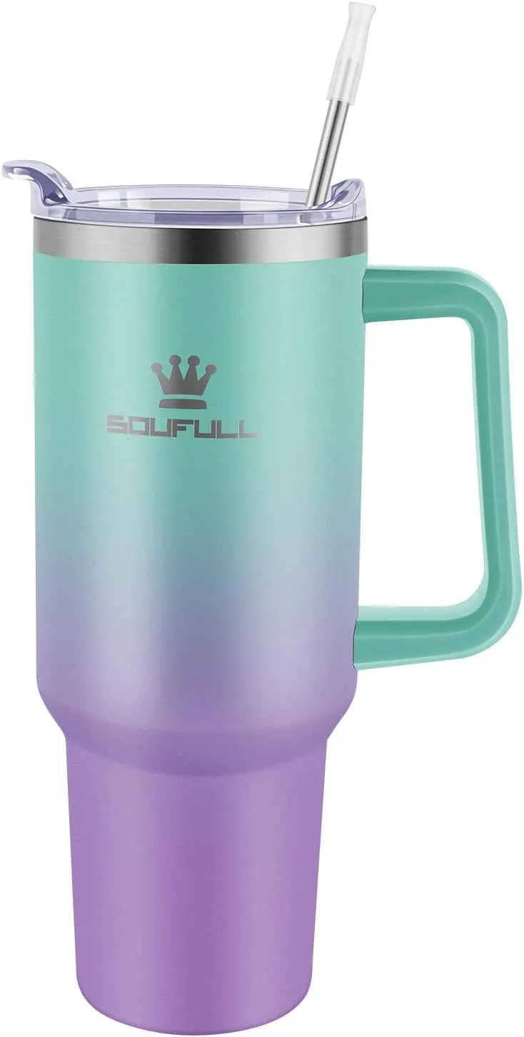 40 oz Tumbler with Handle and Straw Lid, 100% Leak-proof Travel Coffee Mug, Stainless Steel Insulated Cup for Hot Cold Beverages, Keeps Cold for 34Hrs or Hot for 10Hrs, Dishwasher Safe (GreenPurple)