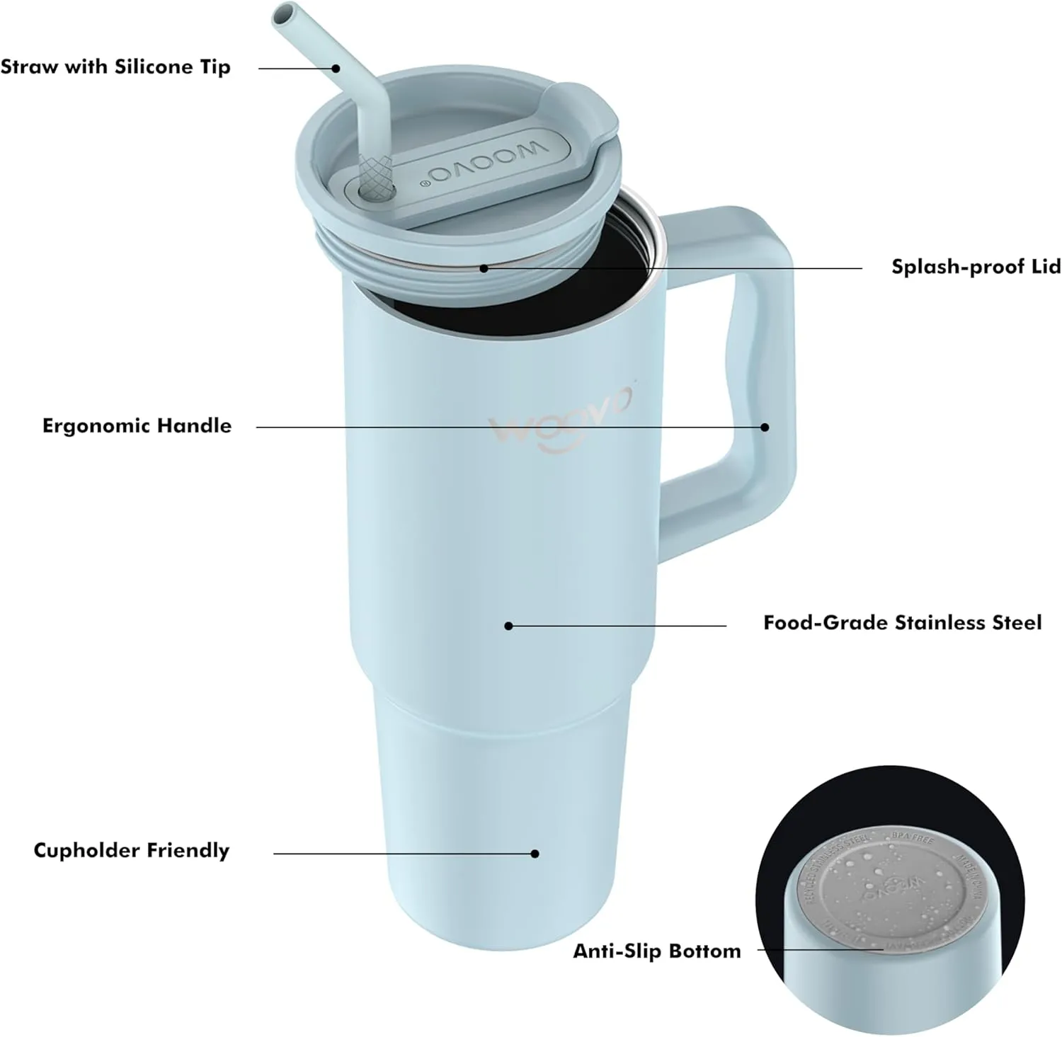 40 oz Water Cup with Straw and Lid, Insulated Water Bottle with Handle, BPA Free Reusable Double Wall Stainless Steel Tumbler Cup for Adults, Light Blue
