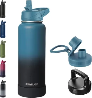 40oz Insulated Water Bottle with Straw, Stainless Steel Metal Vacuum Water Flask, Large Thermos Water bottle with Leakproof 3 Lids for Travel, Camping, Gym Sports Indigo Black