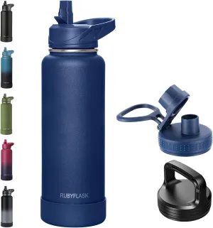 40oz Insulated Water Bottle with Straw, Stainless Steel Metal Vacuum Water Flask, Large Thermos Water bottle with Leakproof 3 Lids for Travel, Camping, Gym Sports Navy