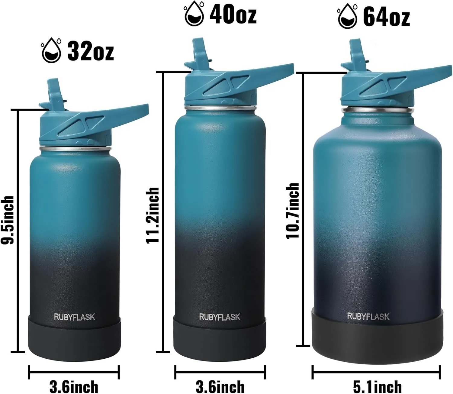 40oz Insulated Water Bottle with Straw, Stainless Steel Metal Vacuum Water Flask, Large Thermos Water bottle with Leakproof 3 Lids for Travel, Camping, Gym Sports Navy