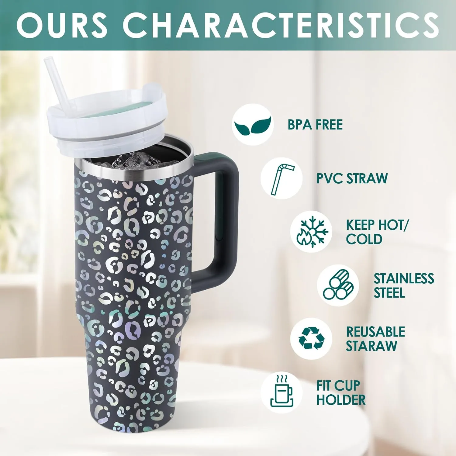 40oz Leopard Tumbler with Handle Straw Lid, Stainless Steel Vacuum Insulated Reusable Travel Mug Keep Drinks Cold Ice Gym Cup, Gifts for Women Lovers, Car Holder Friendly, Gray