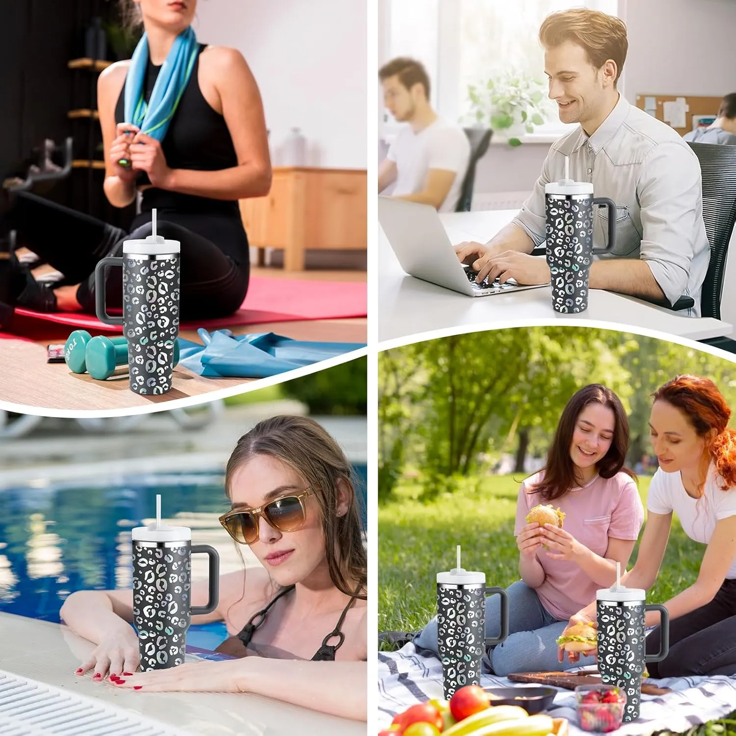 40oz Leopard Tumbler with Handle Straw Lid, Stainless Steel Vacuum Insulated Reusable Travel Mug Keep Drinks Cold Ice Gym Cup, Gifts for Women Lovers, Car Holder Friendly, Gray