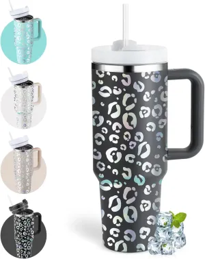 40oz Leopard Tumbler with Handle Straw Lid, Stainless Steel Vacuum Insulated Reusable Travel Mug Keep Drinks Cold Ice Gym Cup, Gifts for Women Lovers, Car Holder Friendly, Gray