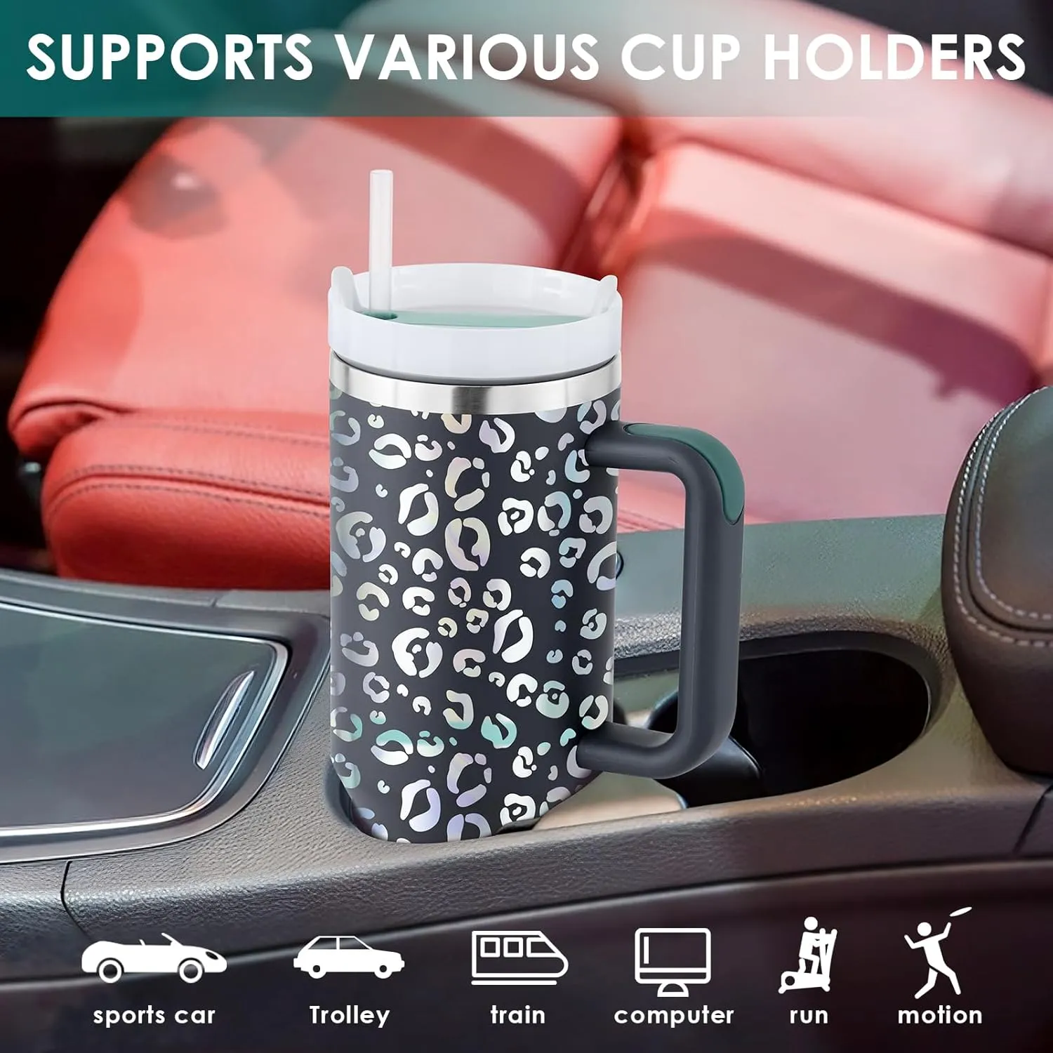 40oz Leopard Tumbler with Handle Straw Lid, Stainless Steel Vacuum Insulated Reusable Travel Mug Keep Drinks Cold Ice Gym Cup, Gifts for Women Lovers, Car Holder Friendly, Gray