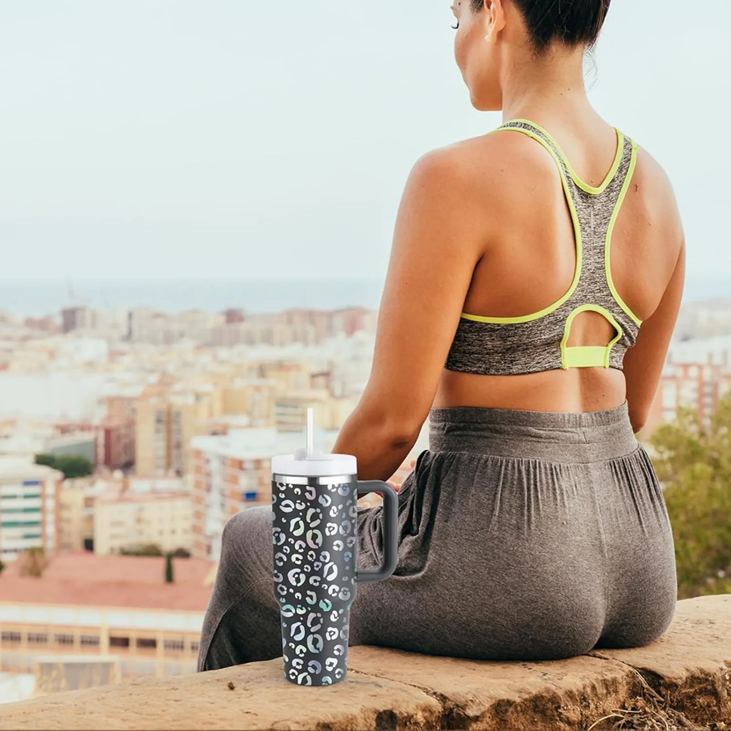 40oz Leopard Tumbler with Handle Straw Lid, Stainless Steel Vacuum Insulated Reusable Travel Mug Keep Drinks Cold Ice Gym Cup, Gifts for Women Lovers, Car Holder Friendly, Gray