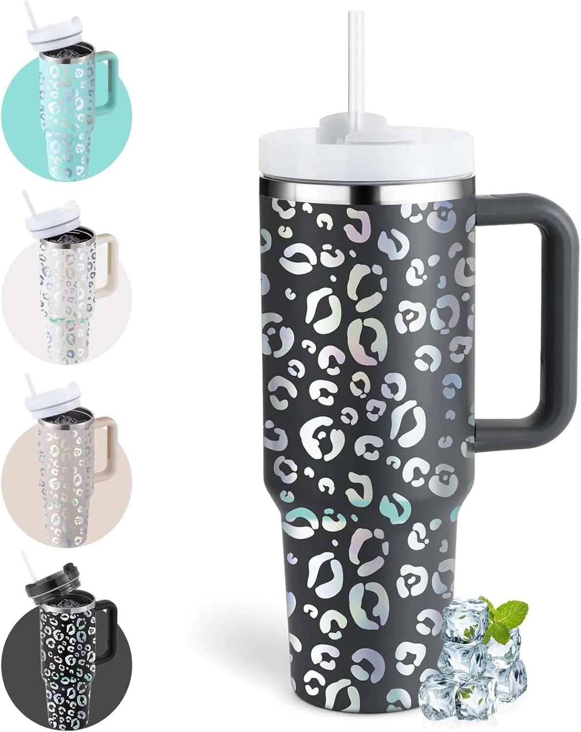 40oz Leopard Tumbler with Handle Straw Lid, Stainless Steel Vacuum Insulated Reusable Travel Mug Keep Drinks Cold Ice Gym Cup, Gifts for Women Lovers, Car Holder Friendly, Gray