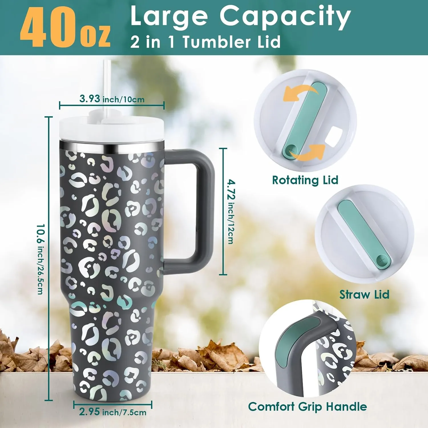 40oz Leopard Tumbler with Handle Straw Lid, Stainless Steel Vacuum Insulated Reusable Travel Mug Keep Drinks Cold Ice Gym Cup, Gifts for Women Lovers, Car Holder Friendly, Gray
