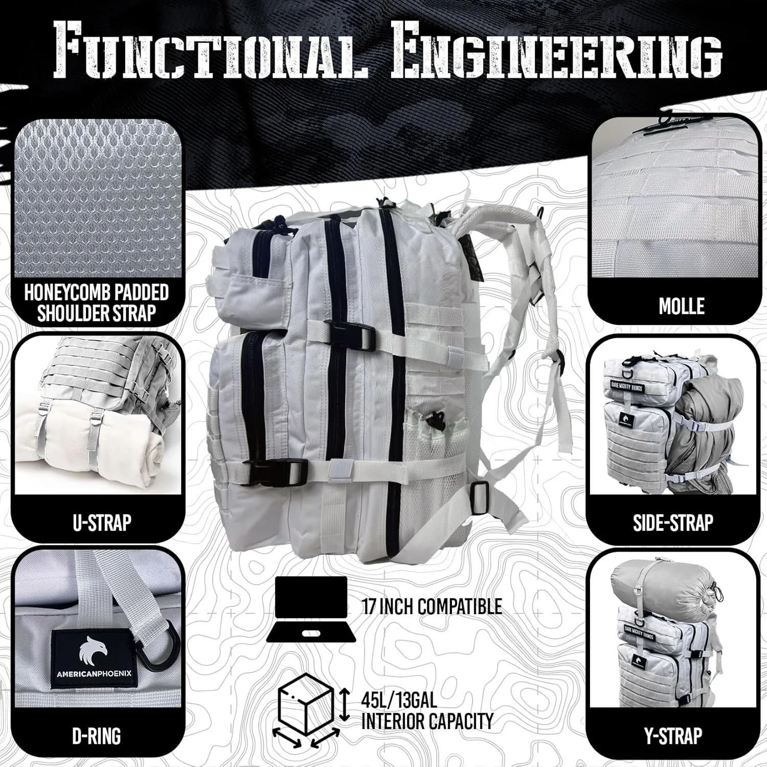45L Elite Tactical Backpack | 3X Stronger Work & Military Backpack | Water Resistant and Heavy Duty | 3 Day MOLLE Bug Out Bag (Polar White)