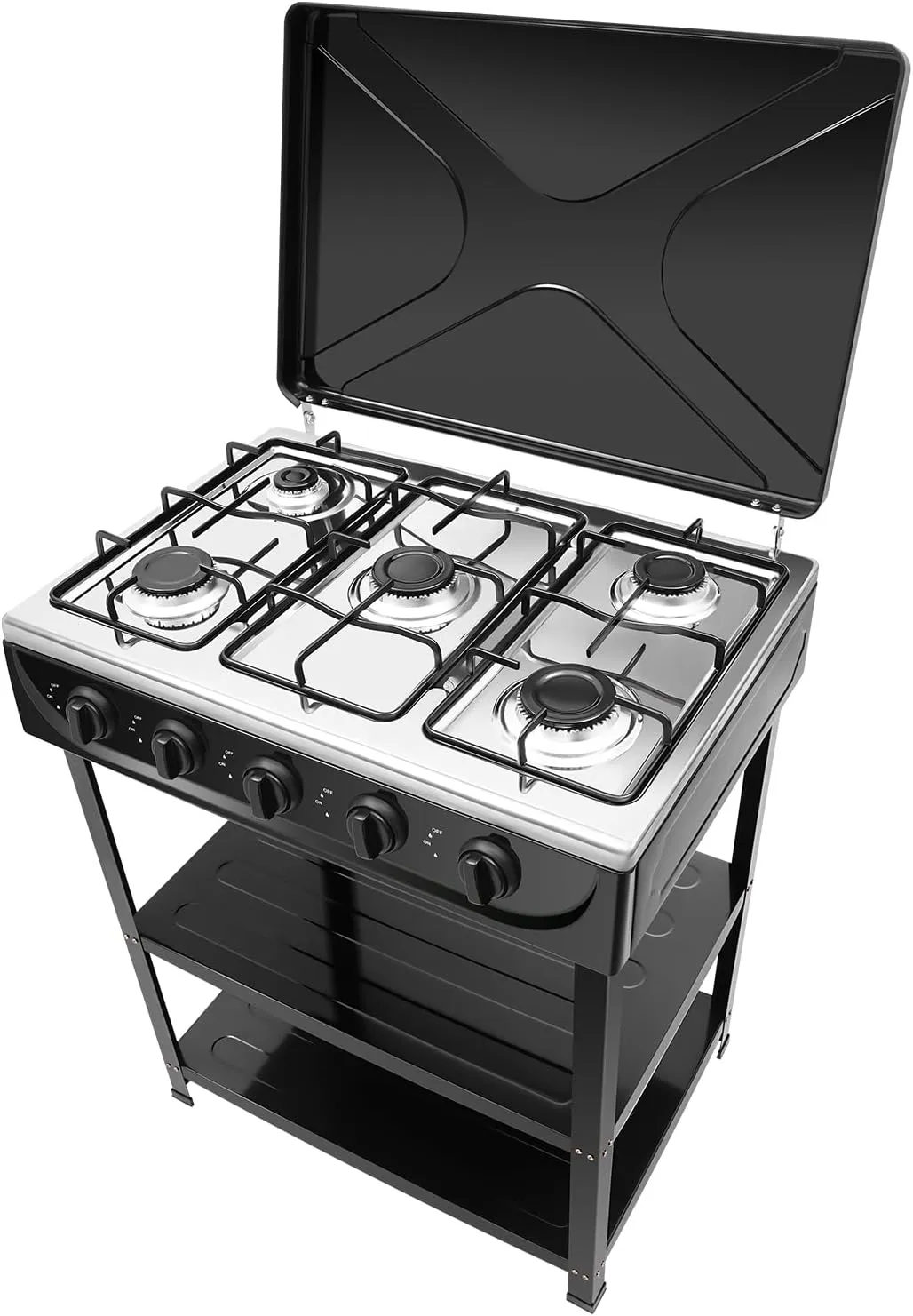 5 Burner Gas Stove Portable Stove Set with Support Leg Stand, Manual Ignition Camping Stove, Camping Cookware Set for Apartment, Outdoor Cooking Camping (Black)