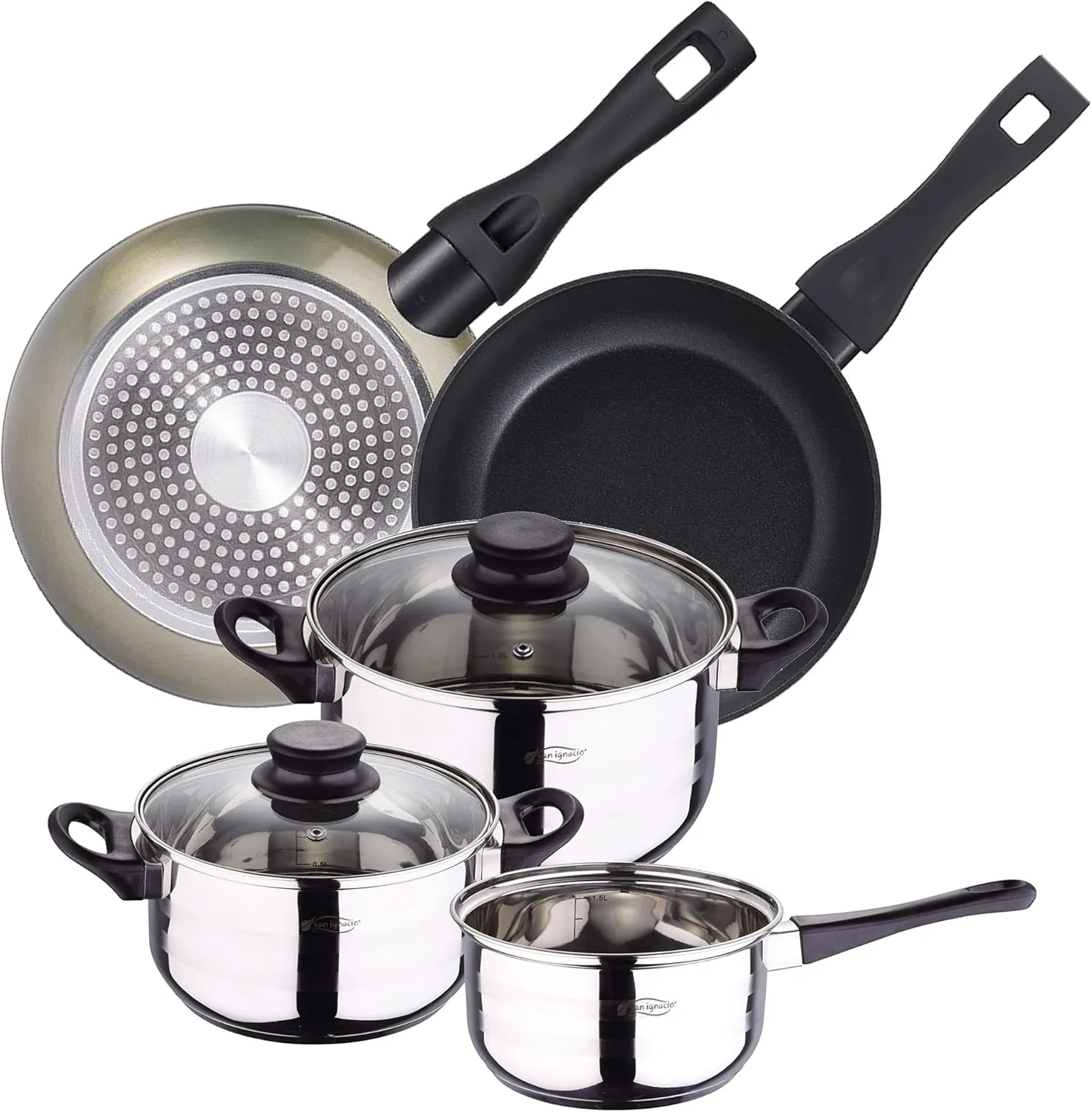5-Piece Stainless Steel Cookware Set with Green Neon Frying Pan Set (22 and 26 cm) in Forged Aluminium Suitable for Induction
