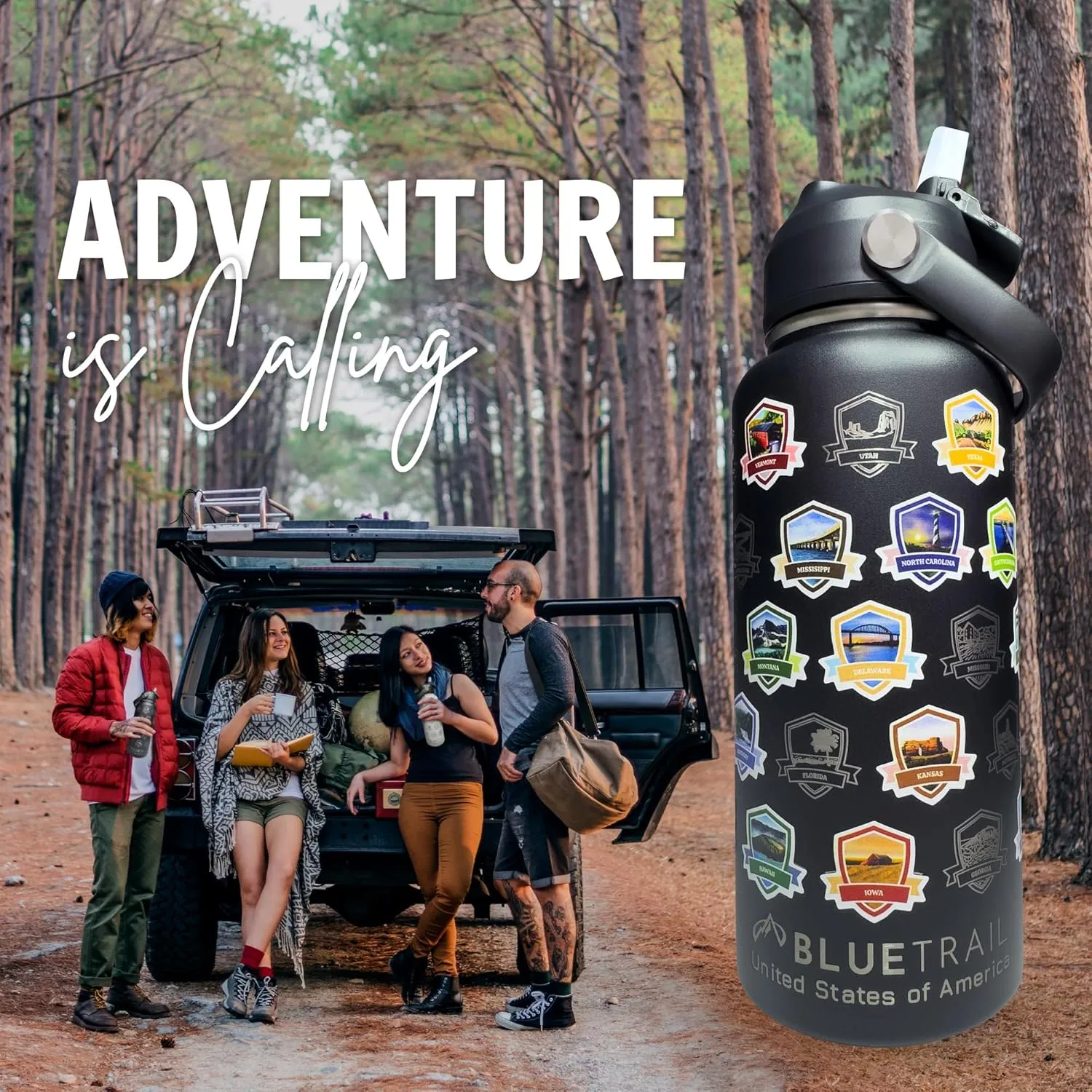 50 States Water Bottle with Stickers - 32 oz Insulated Stainless Steel, Upgraded Leak-Proof Lid, UV & Waterproof Permanent Stickers, Laser Engraved 50 States of the USA (Black)