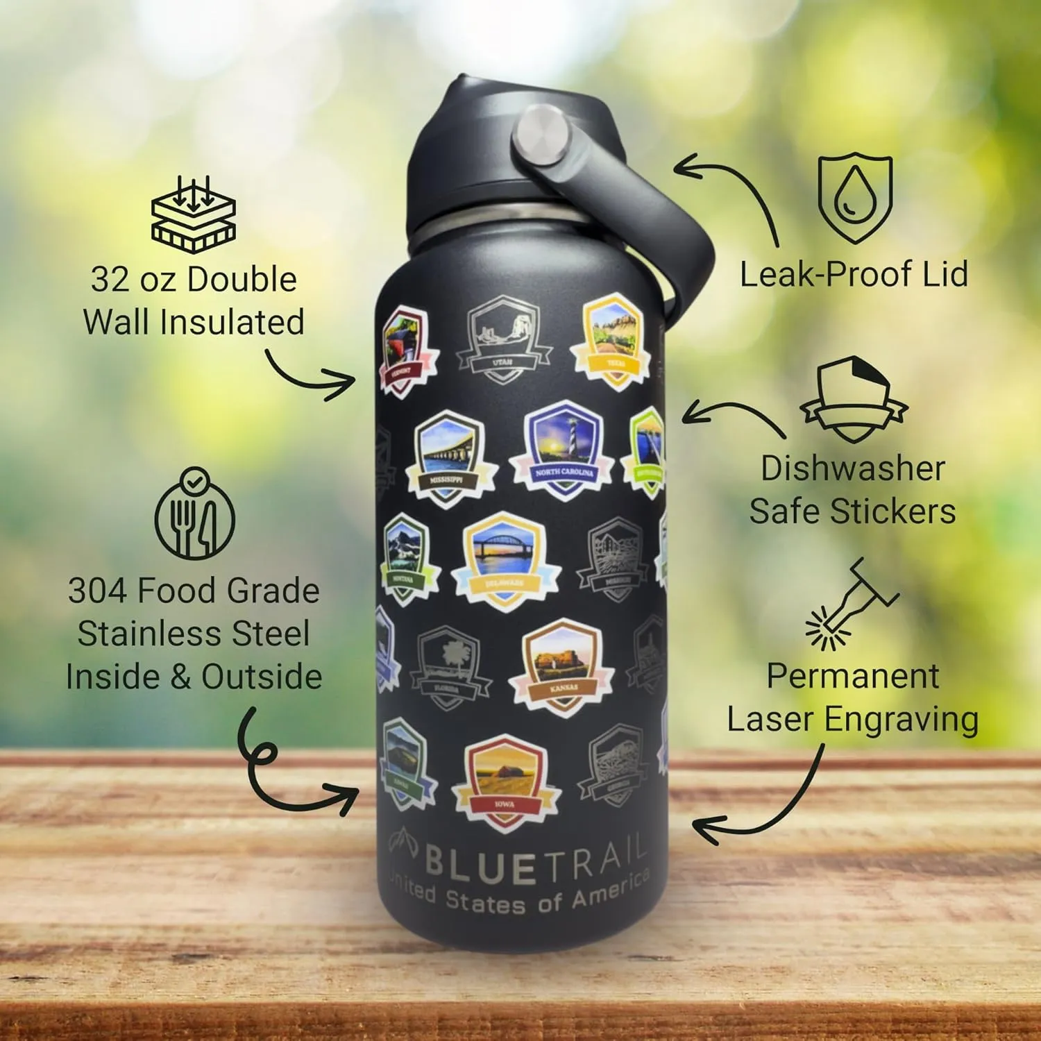 50 States Water Bottle with Stickers - 32 oz Insulated Stainless Steel, Upgraded Leak-Proof Lid, UV & Waterproof Permanent Stickers, Laser Engraved 50 States of the USA (Black)