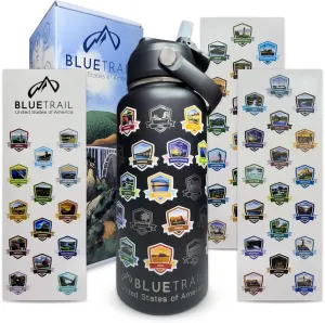 50 States Water Bottle with Stickers - 32 oz Insulated Stainless Steel, Upgraded Leak-Proof Lid, UV & Waterproof Permanent Stickers, Laser Engraved 50 States of the USA (Black)
