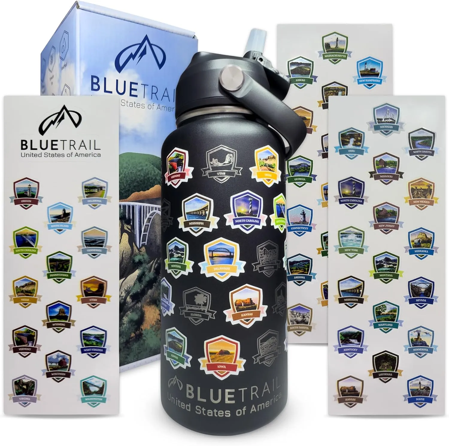 50 States Water Bottle with Stickers - 32 oz Insulated Stainless Steel, Upgraded Leak-Proof Lid, UV & Waterproof Permanent Stickers, Laser Engraved 50 States of the USA (Black)