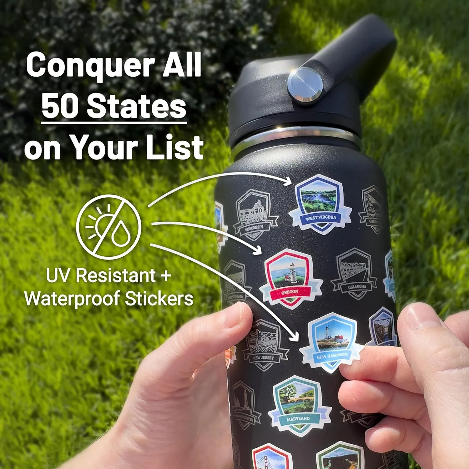50 States Water Bottle with Stickers - 32 oz Insulated Stainless Steel, Upgraded Leak-Proof Lid, UV & Waterproof Permanent Stickers, Laser Engraved 50 States of the USA (Black)