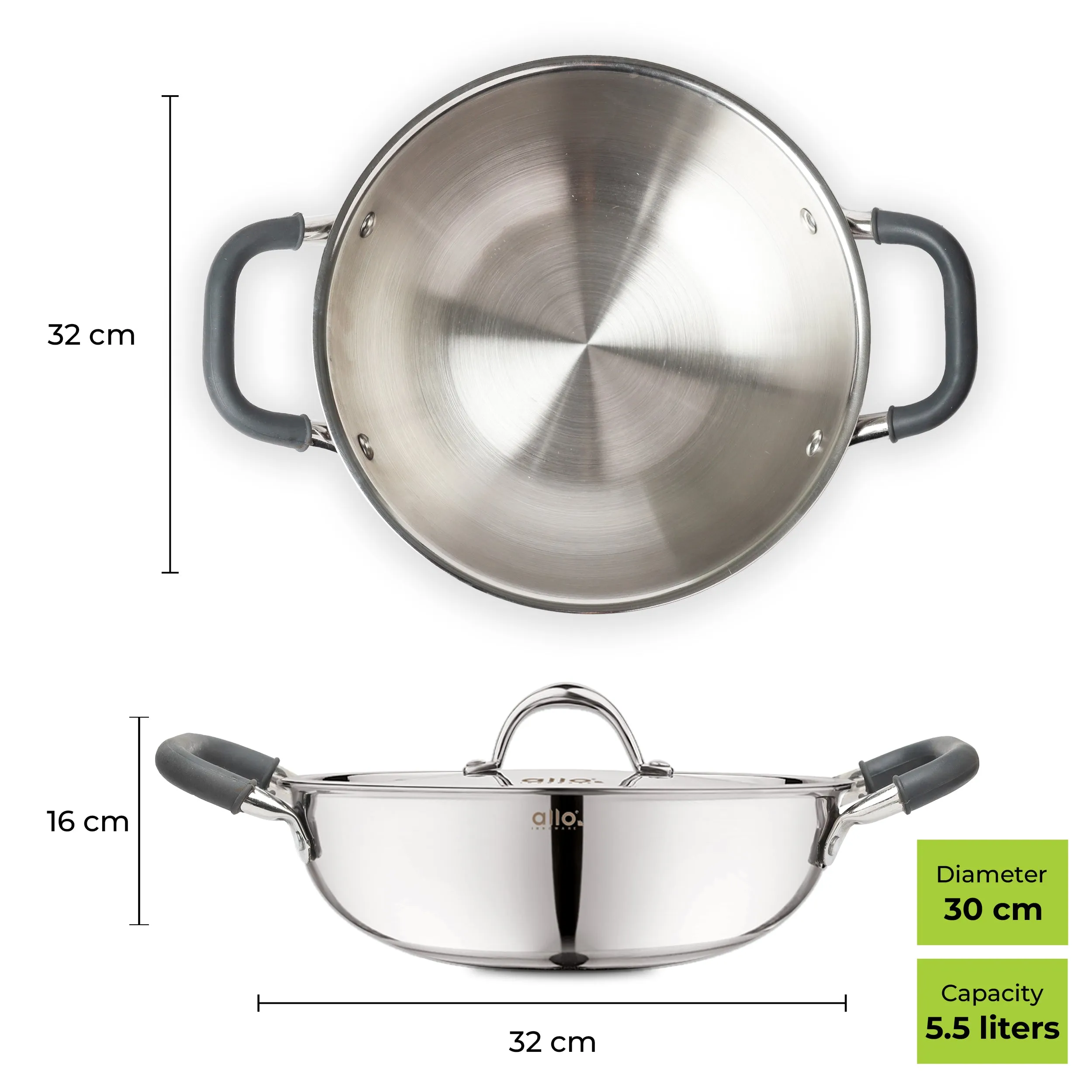 5.5L Allo CookSafe TriPly Kadhai | Stainless Steel | With Stainless Steel Lid | Induction Friendly | 30cm