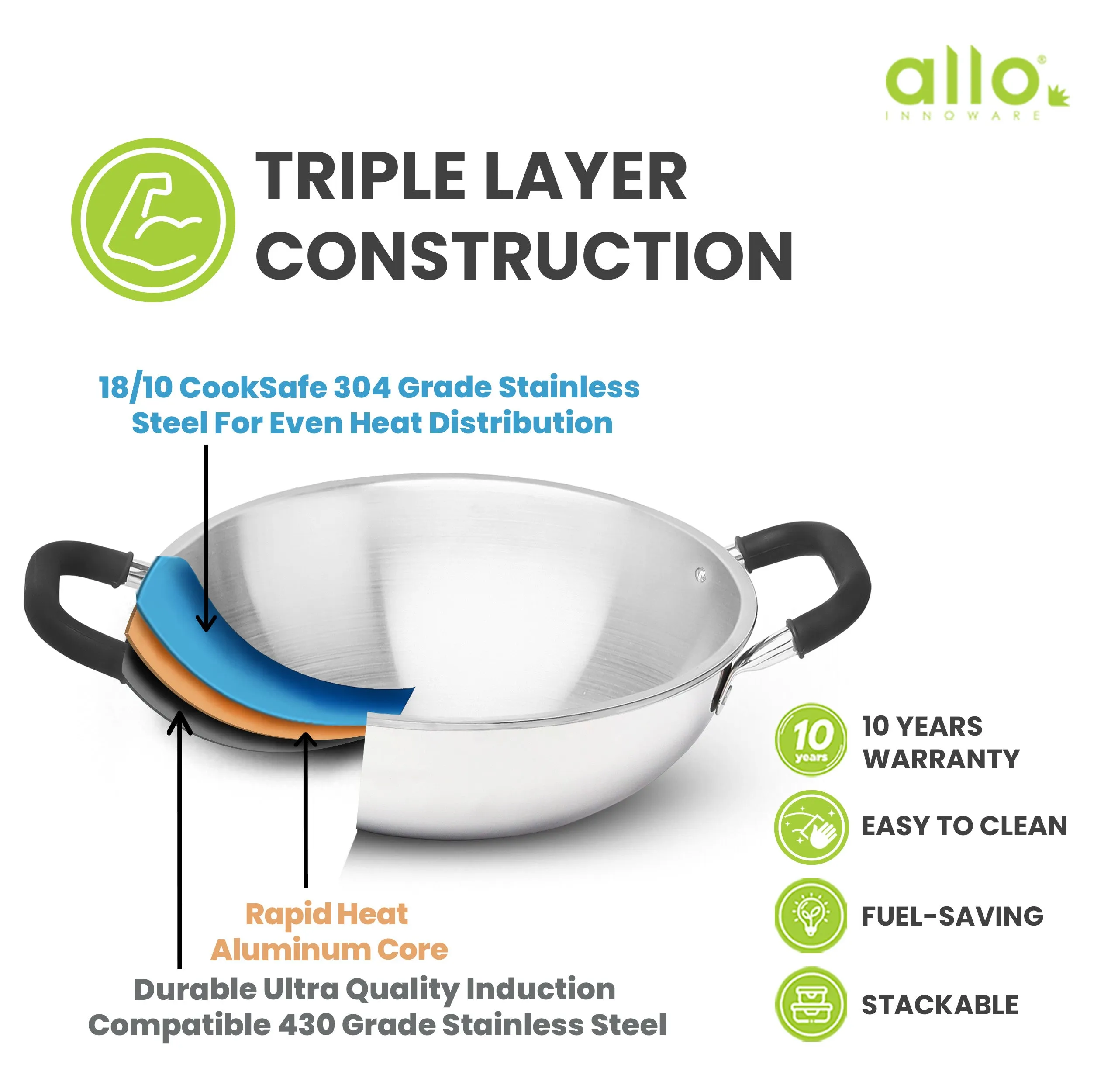 5.5L Allo CookSafe TriPly Kadhai | Stainless Steel | With Stainless Steel Lid | Induction Friendly | 30cm