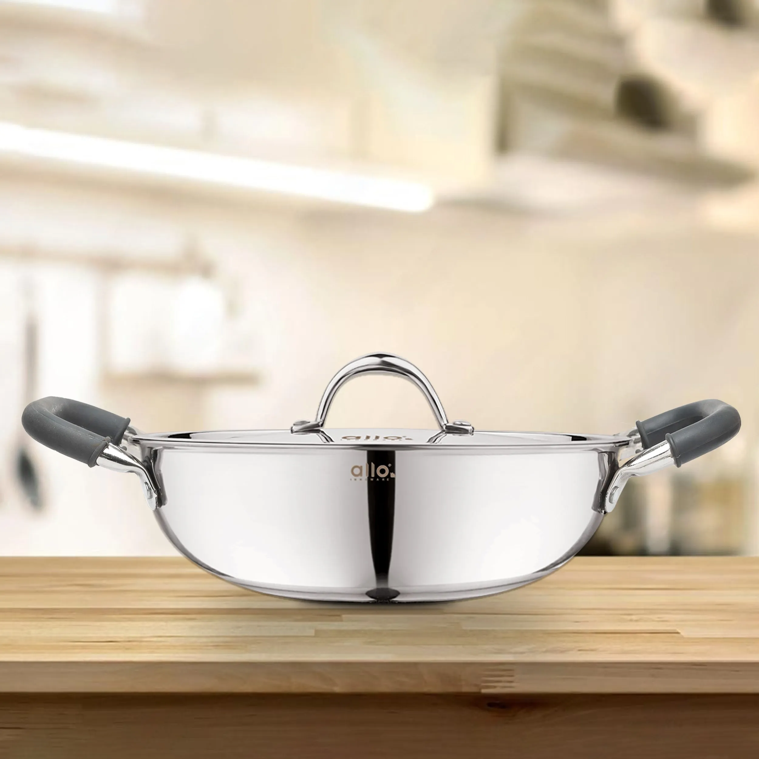5.5L Allo CookSafe TriPly Kadhai | Stainless Steel | With Stainless Steel Lid | Induction Friendly | 30cm