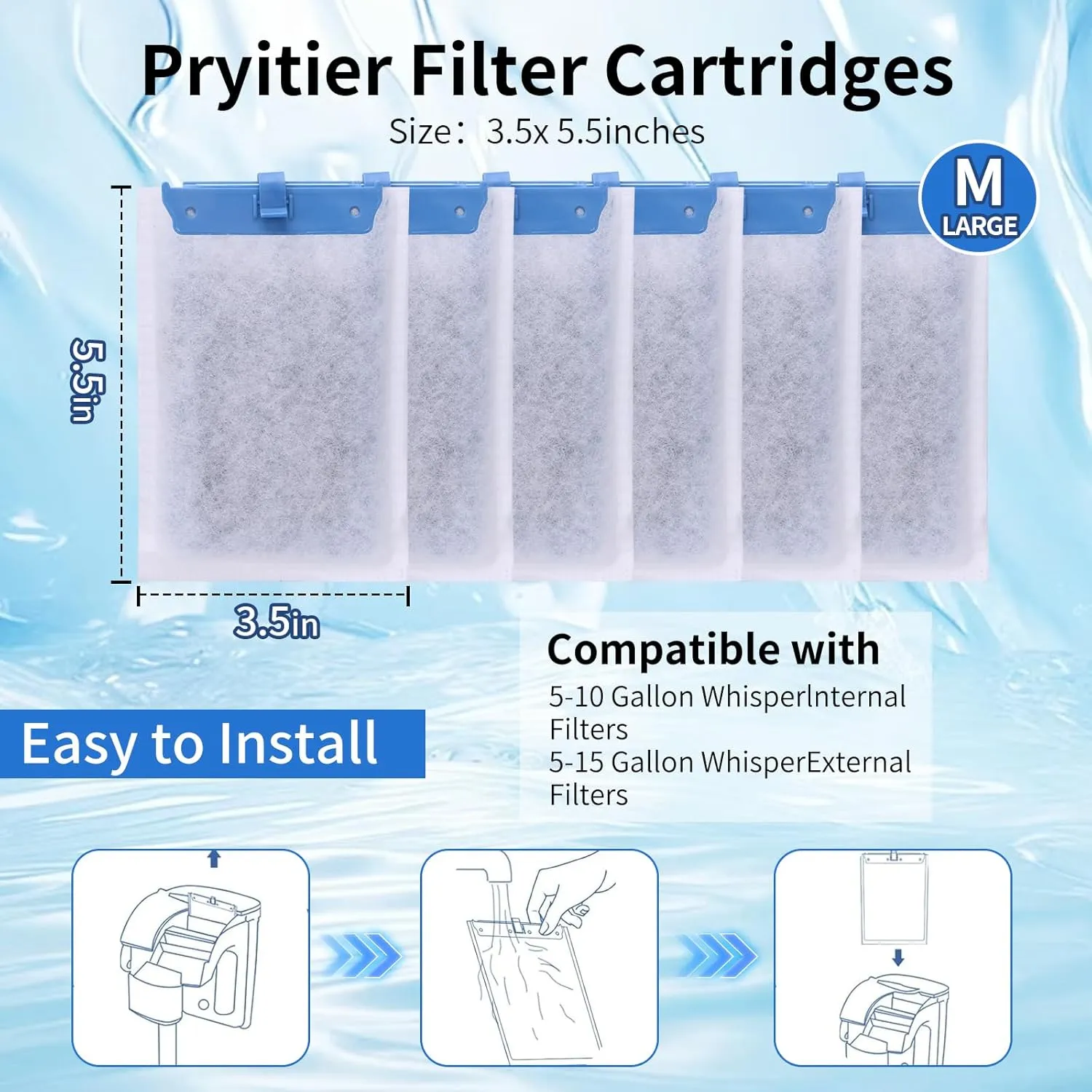 6 Pack Aquarium Filter Cartridges - Compatible with Whisper Power Filters, Medium Bio-Bag Replacement for 10i, PF10, IQ10 - High-Efficiency Filtration, Easy to Install, Keeps Water Crystal Clear