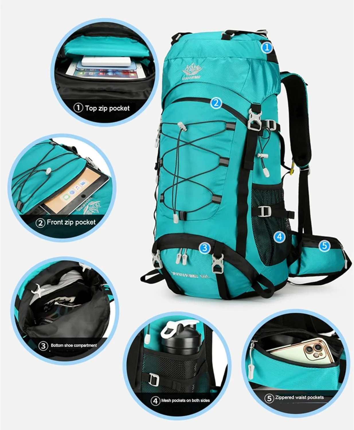 60L Travel Hiking Camping Backpack with Rain Cover, Backpack Water Resistant,Climbing Backpack for Men Women,C