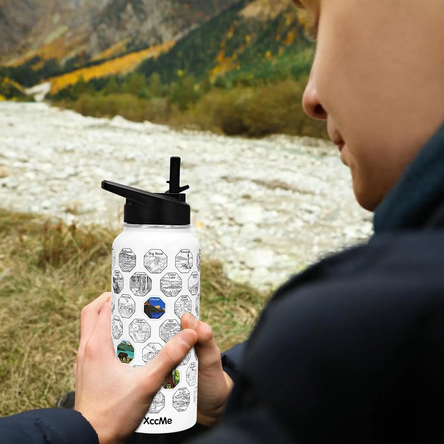 63 National Parks Water Bottle with Stickers,32 oz Stainless Steel Insulated Water Bottle with Straws,2 Lids,Leak Proof Metal Water Cup for Hiking,Travel,Sports,Camping,Wide Mouth Bottle