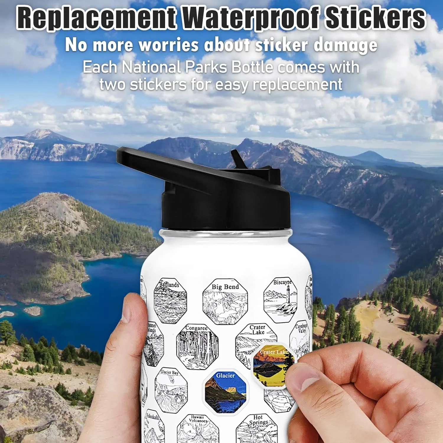 63 National Parks Water Bottle with Stickers,32 oz Stainless Steel Insulated Water Bottle with Straws,2 Lids,Leak Proof Metal Water Cup for Hiking,Travel,Sports,Camping,Wide Mouth Bottle