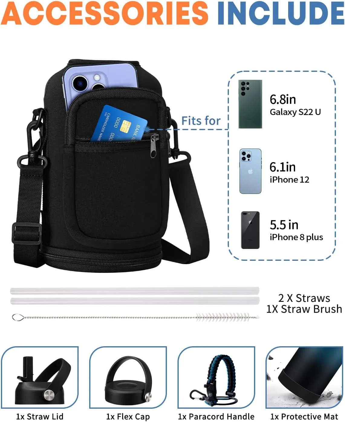 64oz Stainless Steel Water Bottles with Straw - Flex Lids, Shoulder Carrier Bag, Protective Cup Mat, 1/2 Gallon Metal Jug BPA Free, Vacuum Thermo Bottle for Women Men, Gym Outdoor Working