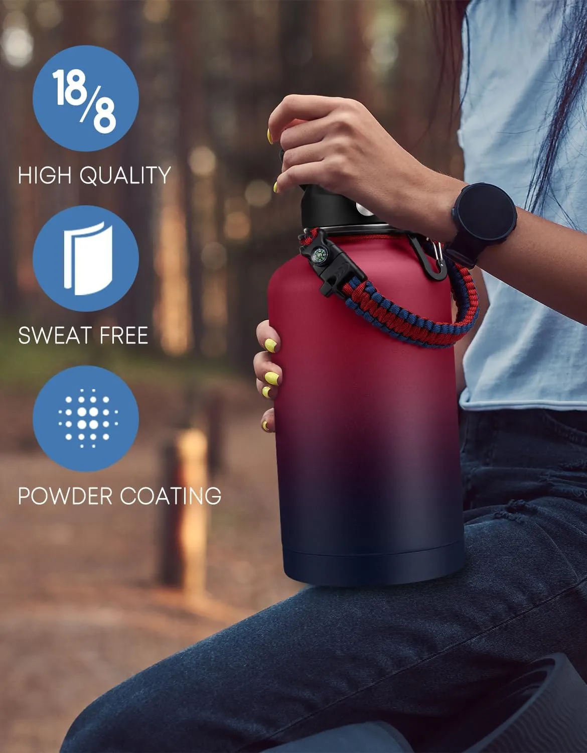 64oz Stainless Steel Water Bottles with Straw - Flex Lids, Shoulder Carrier Bag, Protective Cup Mat, 1/2 Gallon Metal Jug BPA Free, Vacuum Thermo Bottle for Women Men, Gym Outdoor Working