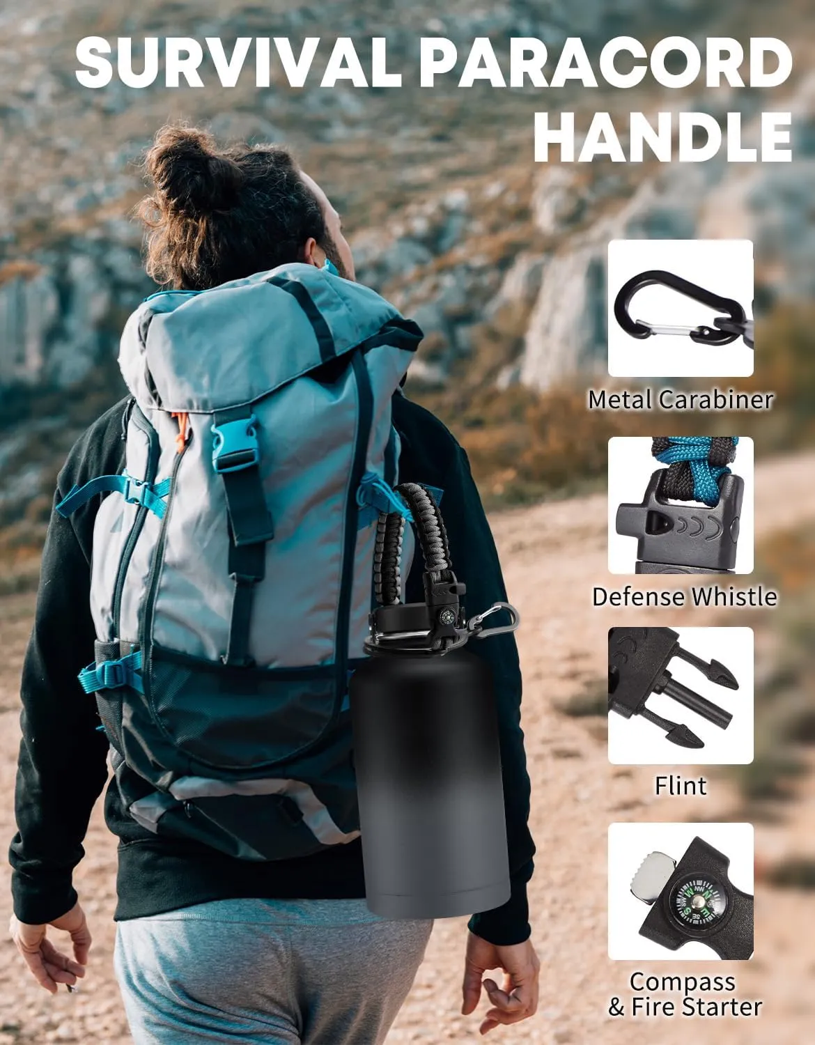 64oz Stainless Steel Water Bottles with Straw - Flex Lids, Shoulder Carrier Bag, Protective Cup Mat, 1/2 Gallon Metal Jug BPA Free, Vacuum Thermo Bottle for Women Men, Gym Outdoor Working