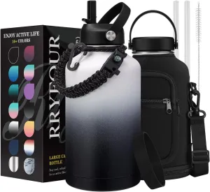 64oz Stainless Steel Water Bottles with Straw - Flex Lids, Shoulder Carrier Bag, Protective Cup Mat, 1/2 Gallon Metal Jug BPA Free, Vacuum Thermo Bottle for Women Men, Gym Outdoor Working