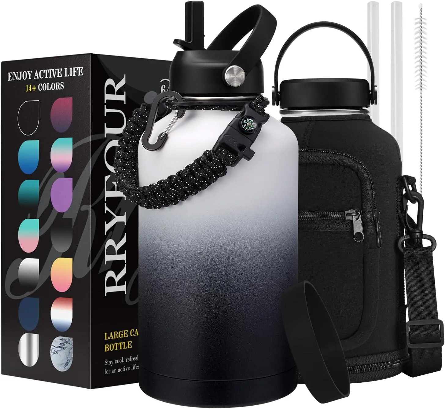 64oz Stainless Steel Water Bottles with Straw - Flex Lids, Shoulder Carrier Bag, Protective Cup Mat, 1/2 Gallon Metal Jug BPA Free, Vacuum Thermo Bottle for Women Men, Gym Outdoor Working