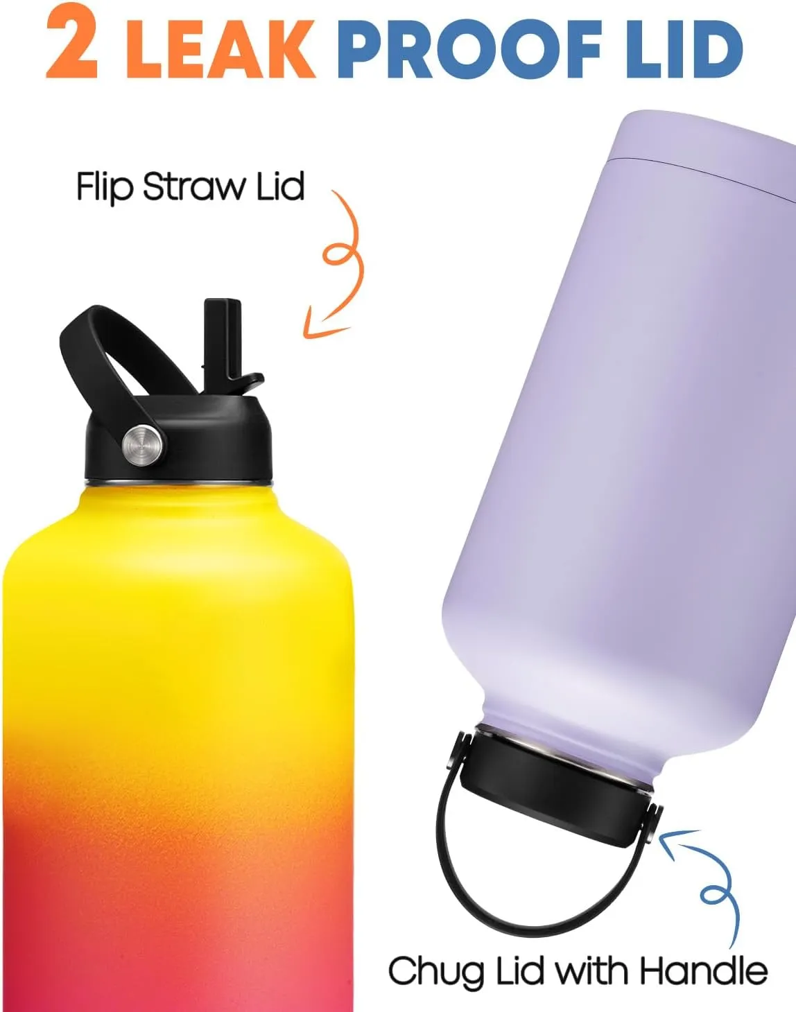 64oz Stainless Steel Water Bottles with Straw - Flex Lids, Shoulder Carrier Bag, Protective Cup Mat, 1/2 Gallon Metal Jug BPA Free, Vacuum Thermo Bottle for Women Men, Gym Outdoor Working