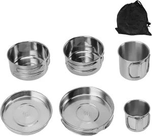 6Pcs Camping Cookware, Stainless Steel Camping Cookware Mess Kit Outdoor Cookware Lightweight Pots and Pans Set for Outdoor Camping