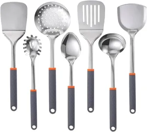 7-Piece Kitchen Utensil Set for Non-Stick Cookware - Stainless Steel with Silicone, Heat Resistant, Easy Grip, Gray & Orange