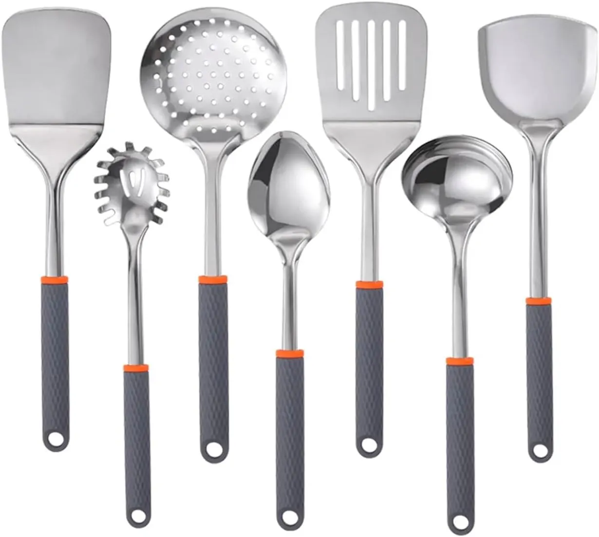 7-Piece Kitchen Utensil Set for Non-Stick Cookware - Stainless Steel with Silicone, Heat Resistant, Easy Grip, Gray & Orange