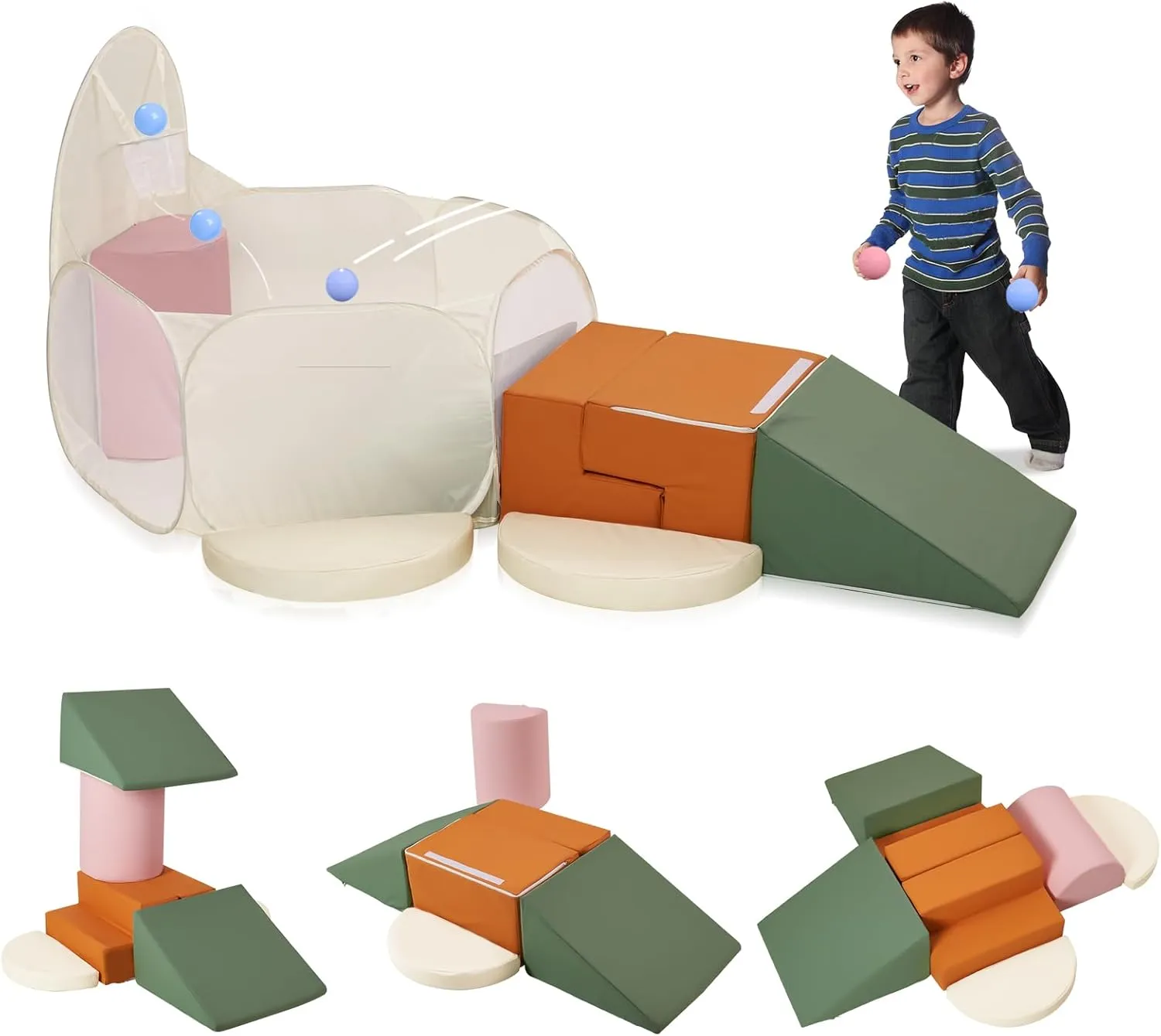 7 Pieces PU Leather Foam Climbing Blocks with Large Ball Pit,Soft Play Set for Toddlers,Kids Indoor Climbers & Play Structures with Pop Up Foldable Ball Pit,Colorful（Balls Not Included