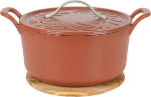 7 Qt Cast Iron Dutch Oven W/Embossed Lid, European Enamel, & Olive Wood Trivet - Matte Terracota