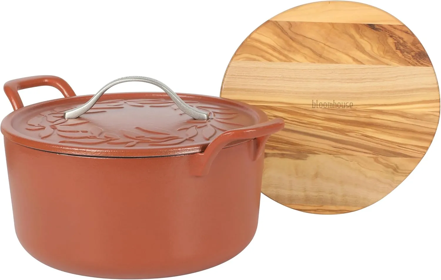 7 Qt Cast Iron Dutch Oven W/Embossed Lid, European Enamel, & Olive Wood Trivet - Matte Terracota