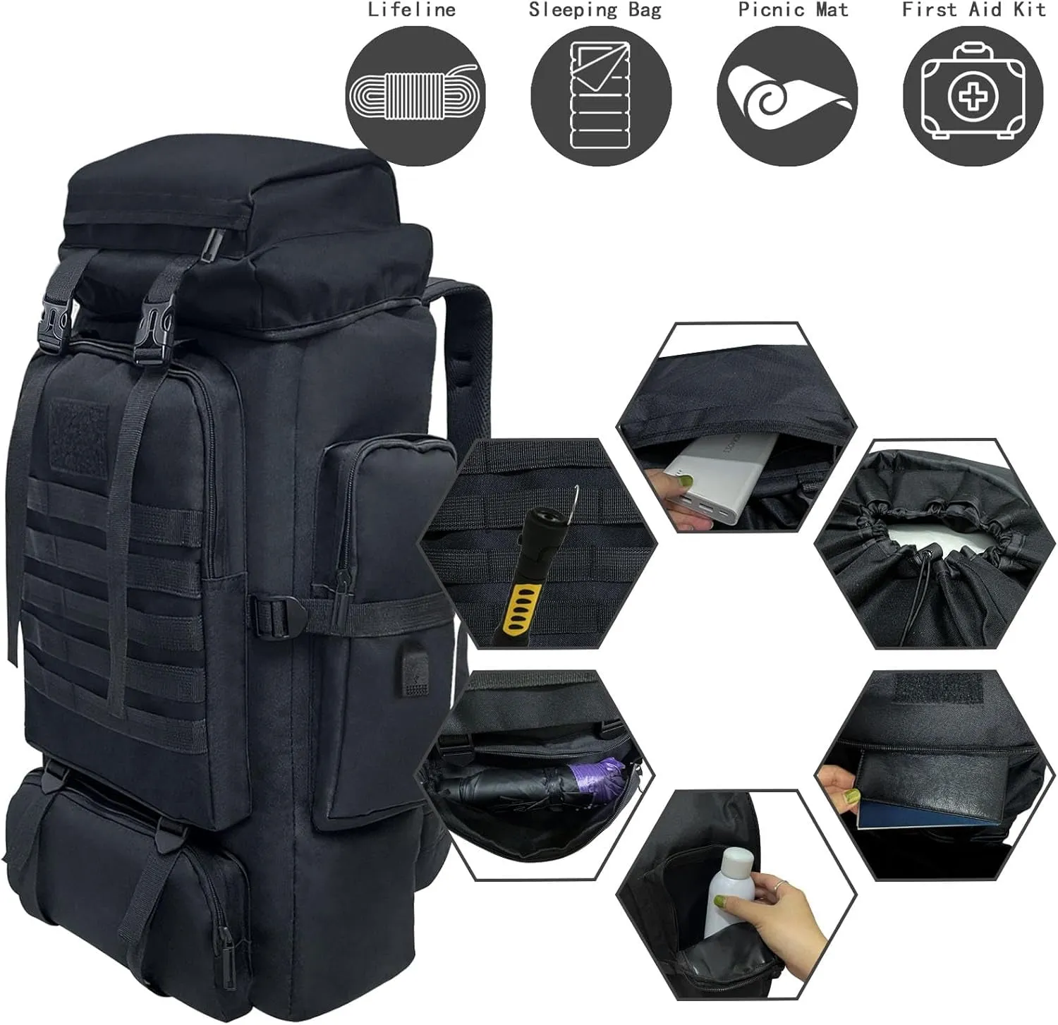 80L 100 Liters Camping Hiking Military Tactical Backpack,Water Resistant Large Travel Daypacks Outdoor MOLLE Rucksack