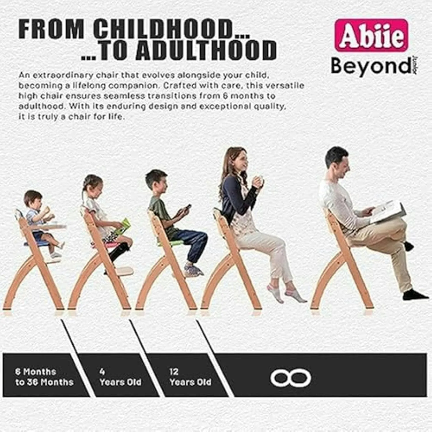 Abiie Beyond Junior Wooden High Chair with Tray - Adjustable and Convertible High Chair for Babies and Toddlers - 6 Months to 250 Lb - Water Resistant - Natural Wood/Blueberry Cushion
