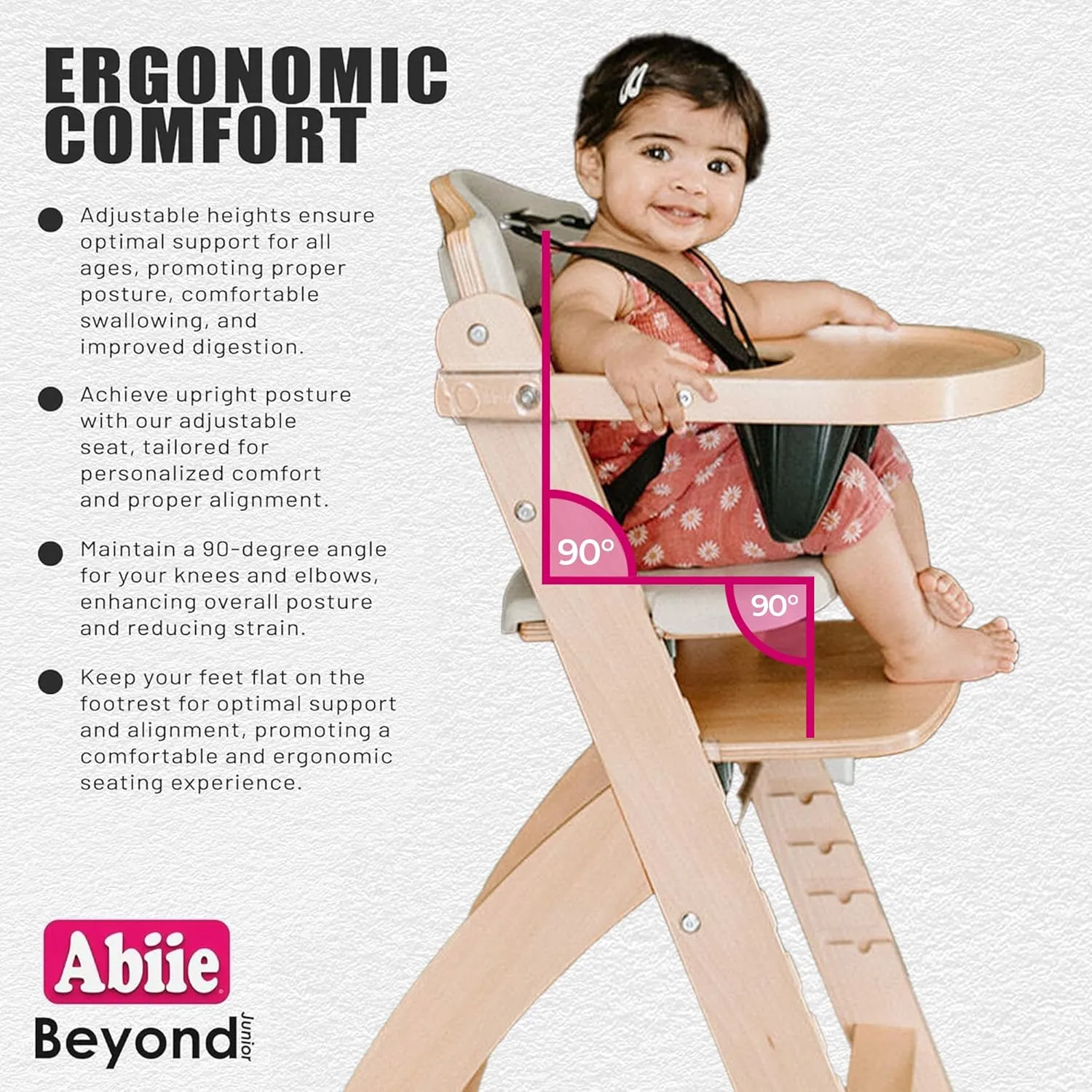 Abiie Beyond Junior Wooden High Chair with Tray - Adjustable and Convertible High Chair for Babies and Toddlers - 6 Months to 250 Lb - Water Resistant - Natural Wood/Blueberry Cushion