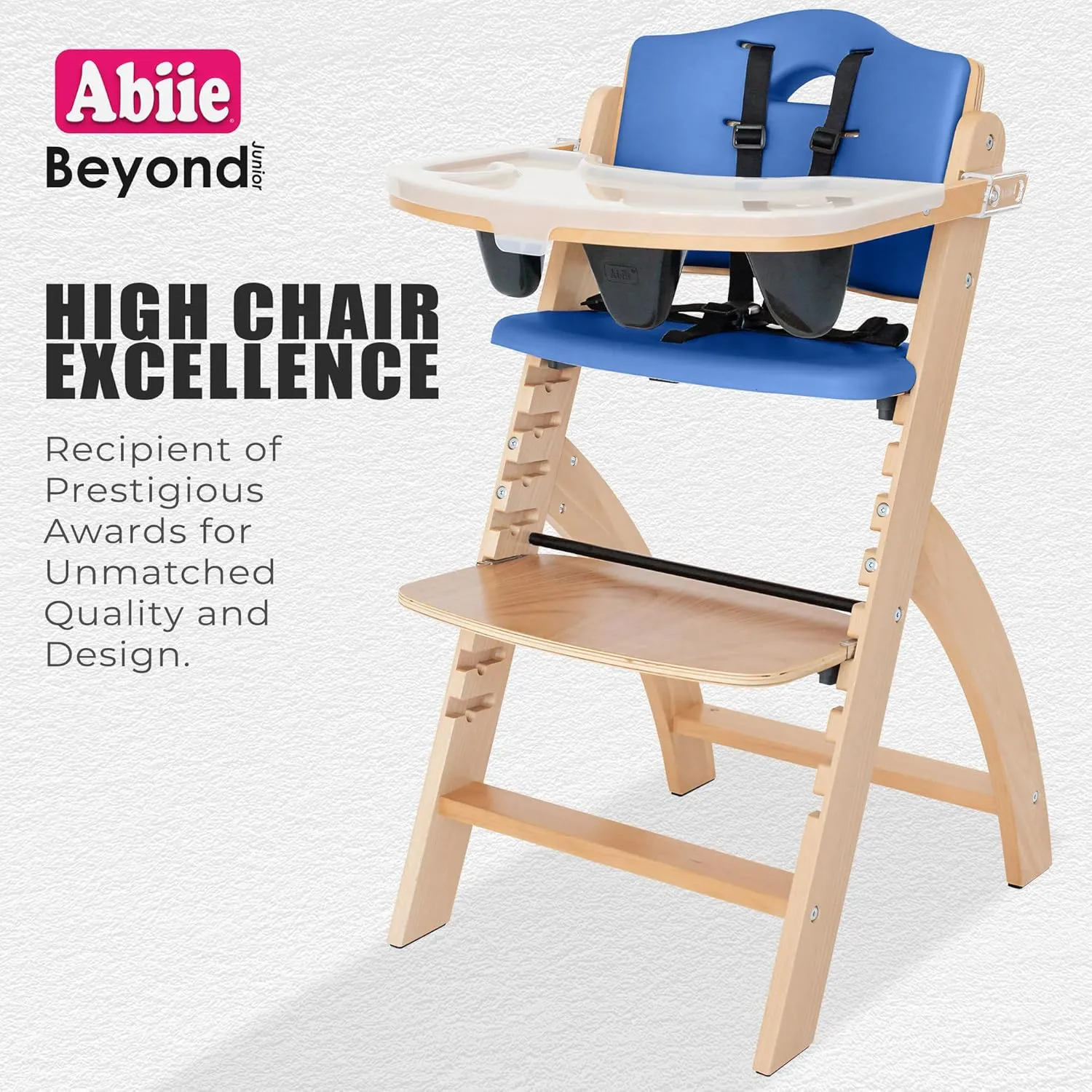 Abiie Beyond Junior Wooden High Chair with Tray - Adjustable and Convertible High Chair for Babies and Toddlers - 6 Months to 250 Lb - Water Resistant - Natural Wood/Blueberry Cushion