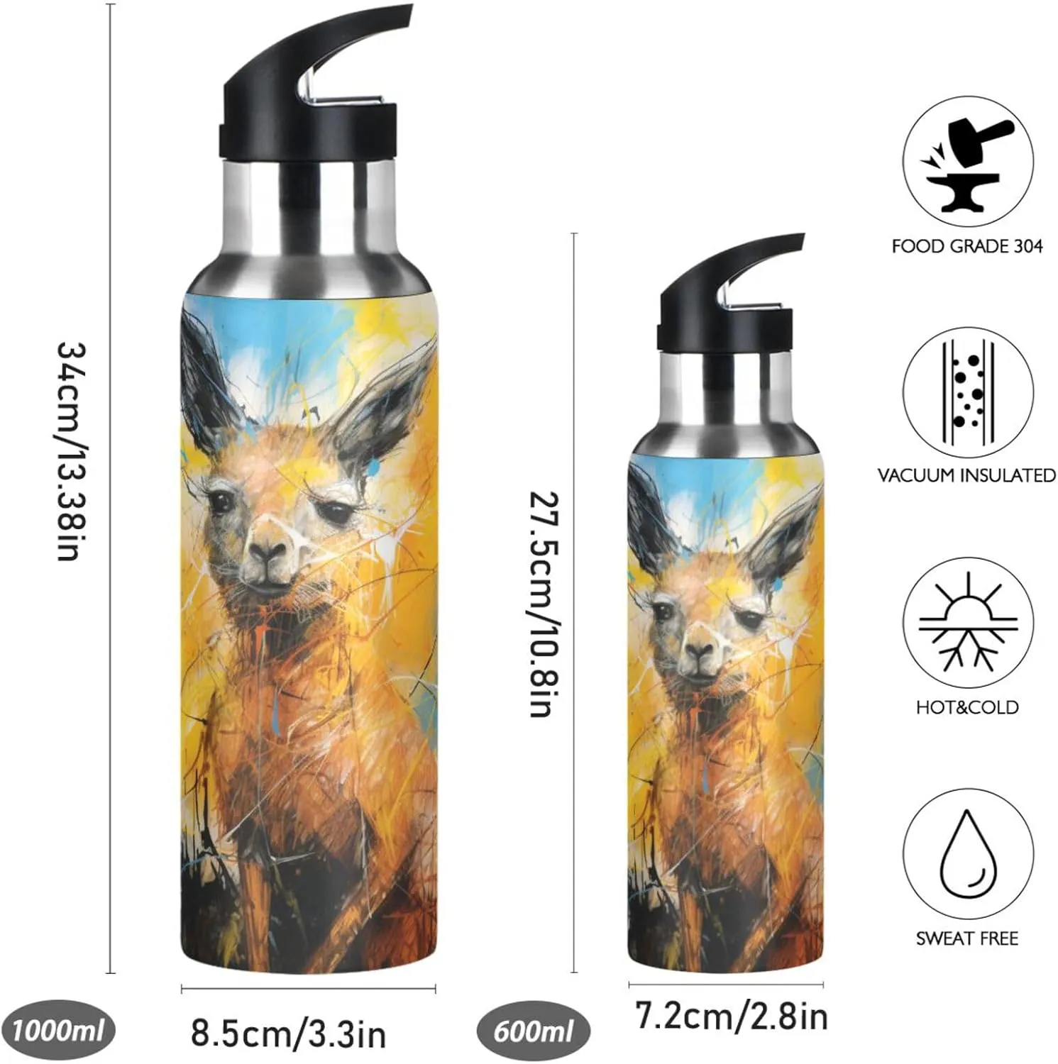 Abstract Artwork Kangaroo Sport Water Bottle Insulated Stainless Steel Large Vacuum Flask Leak Proof Thermos with Straw for Travel(600ml/1000ml)