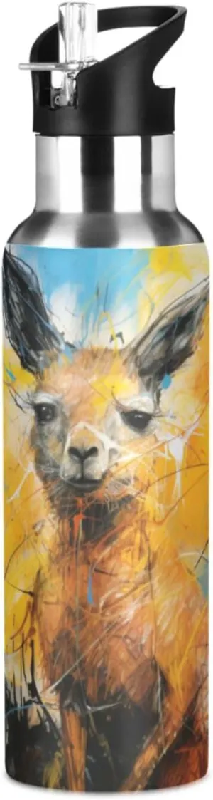 Abstract Artwork Kangaroo Sport Water Bottle Insulated Stainless Steel Large Vacuum Flask Leak Proof Thermos with Straw for Travel(600ml/1000ml)
