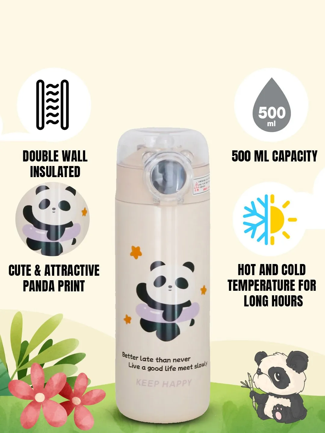 Adorable Panda Insulated Hot & Cold Stainless Steel Sipper Bottle – 500 ML