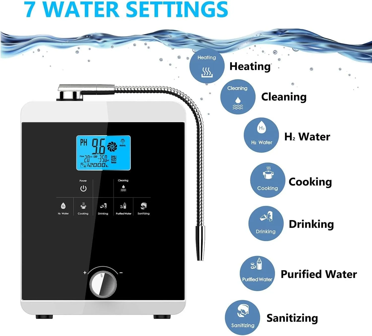 Alkaline Electrolyzed Water Machine Ph 2.8-11.0,Home Filtration System,6000~12000 Liters per Filter,7 Water Settings,Automatic Cleaning,Smart Voice,110V
