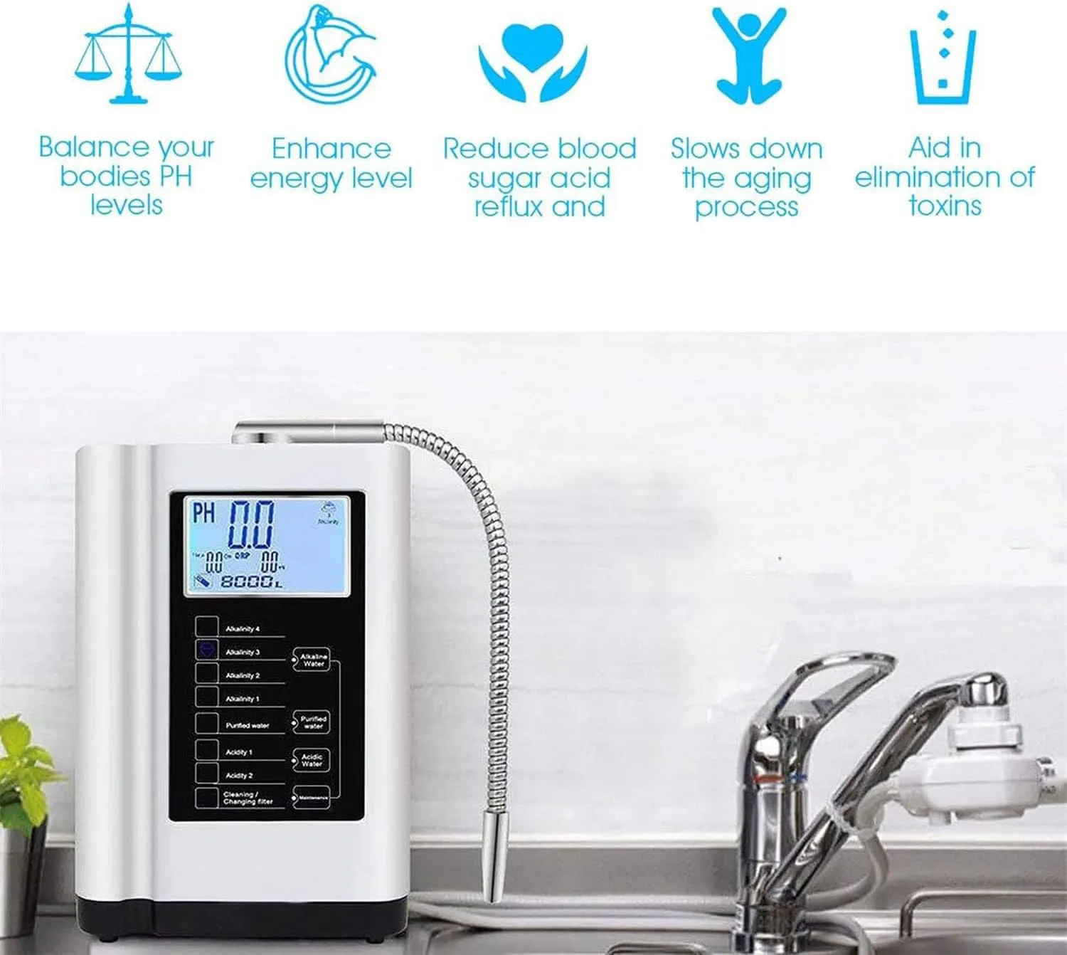 Alkaline Electrolyzed Water Machine, Ph 3.5-10.5 Alkaline Acidic Hydrogen Water Purifier, Up to -600mv Orp, 7 Water Settings, Automatic Cleaning, Smart Voice,White-220V
